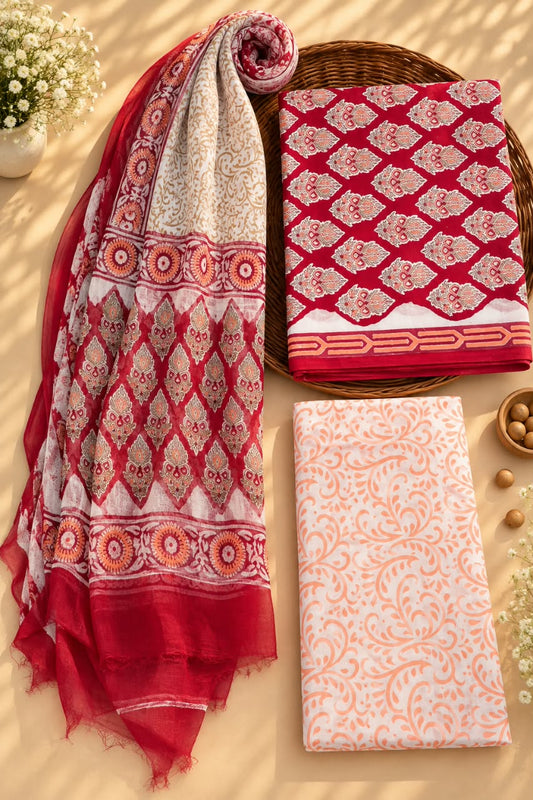 Red & White Traditional Motif Unstitched Cotton Suit Set with Chiffon Dupatta