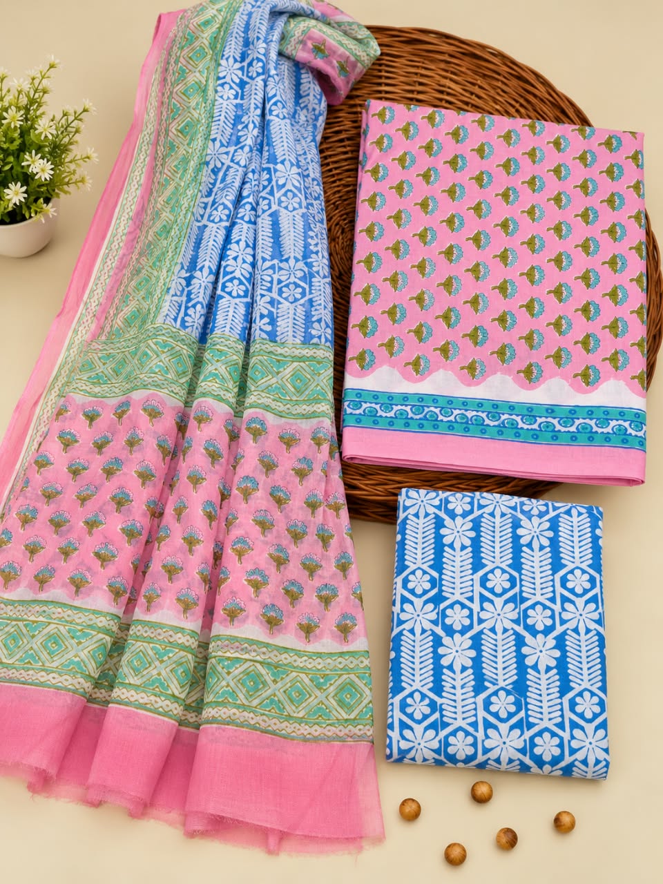 Pink & Blue Floral Booti Unstitched Cotton Suit Set with Chiffon Dupatta