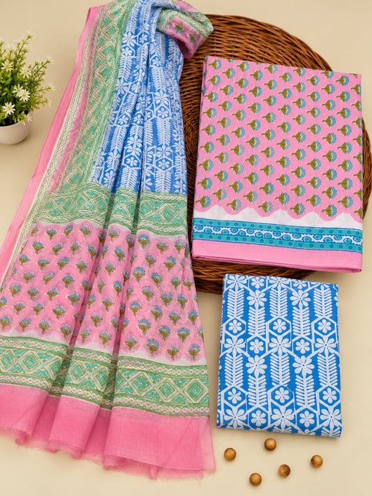 Pink & Blue Floral Booti Unstitched Cotton Suit Set with Chiffon Dupatta