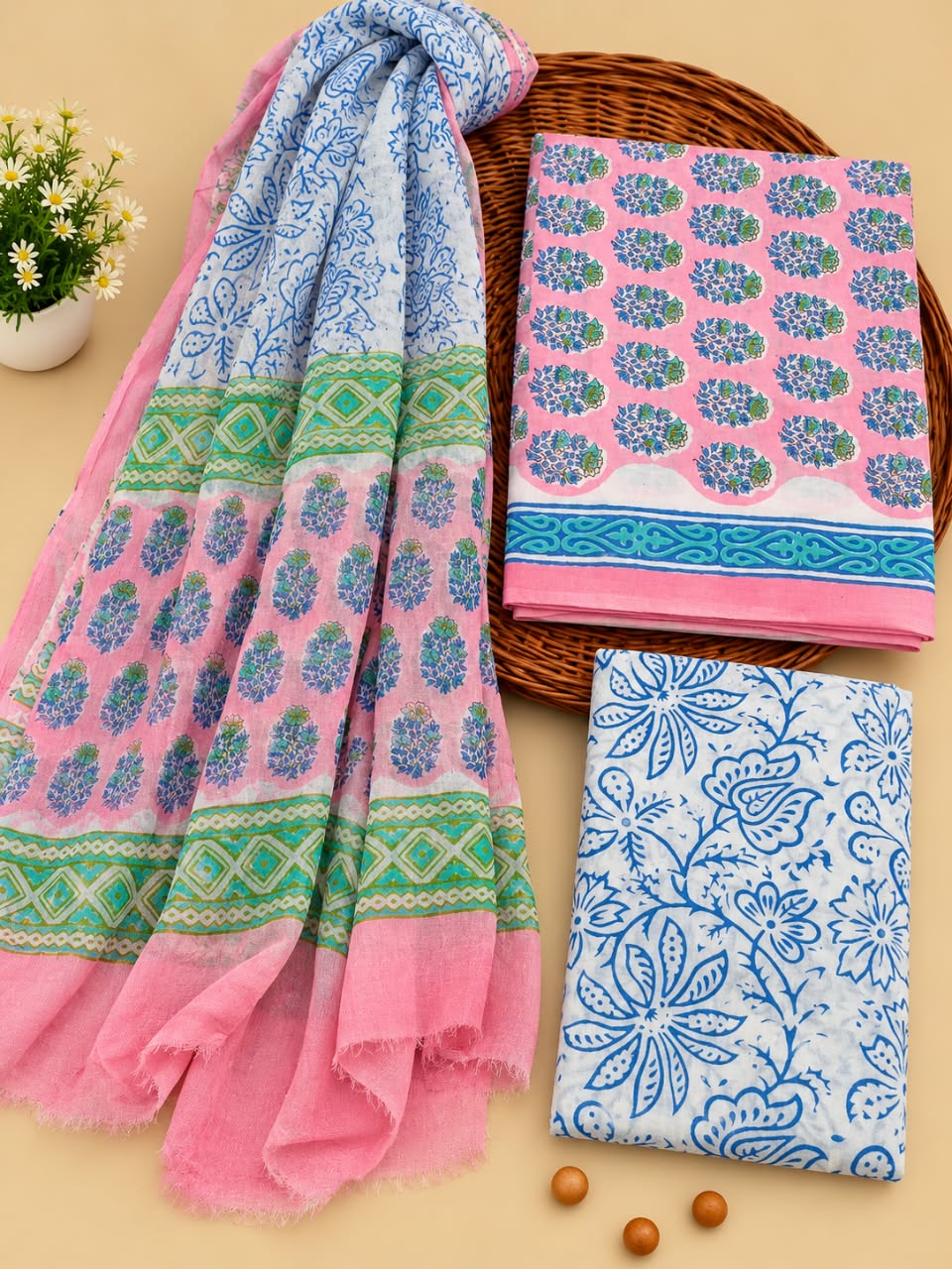 Pink & Blue Floral Booti Unstitched Cotton Suit Set with Chiffon Dupatta