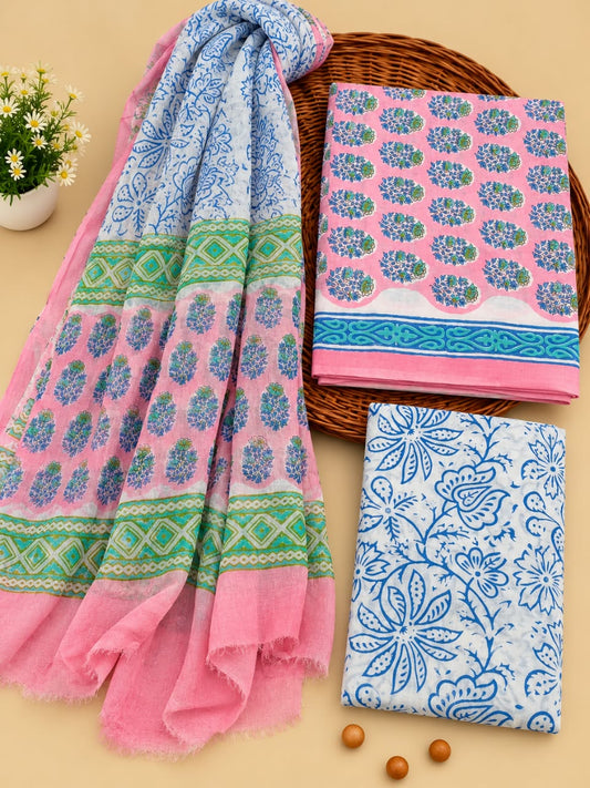 Pink & Blue Floral Booti Unstitched Cotton Suit Set with Chiffon Dupatta