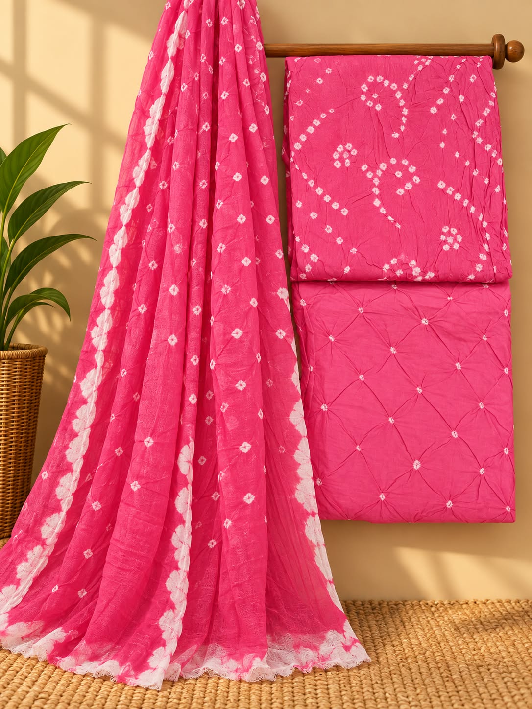 Rani Pink Traditional Bandhani Unstitched Bandhani Cotton Suit Set with Cotton Dupatta