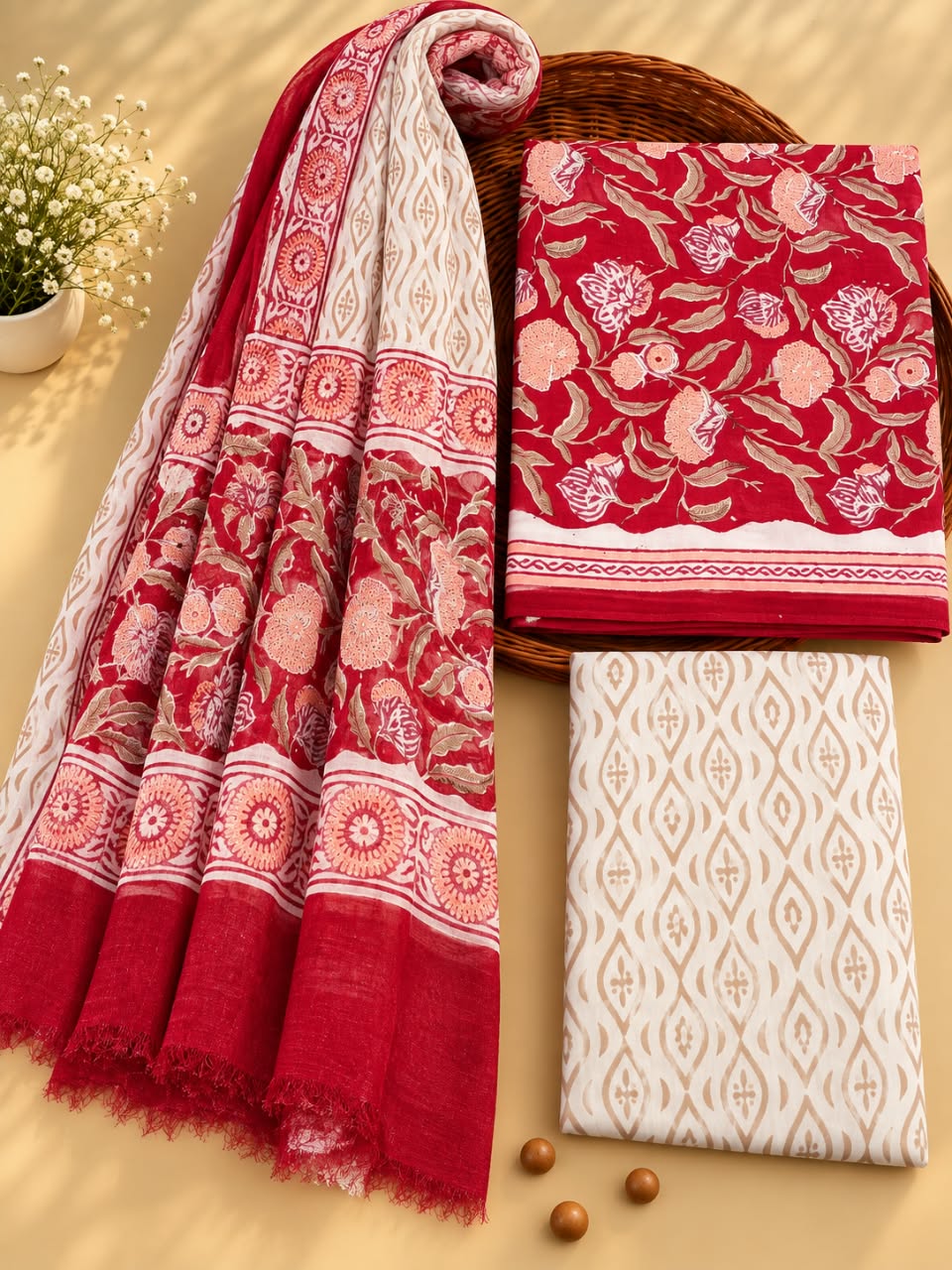 Red & White Floral Jaal Unstitched Cotton Suit Set with Chiffon Dupatta