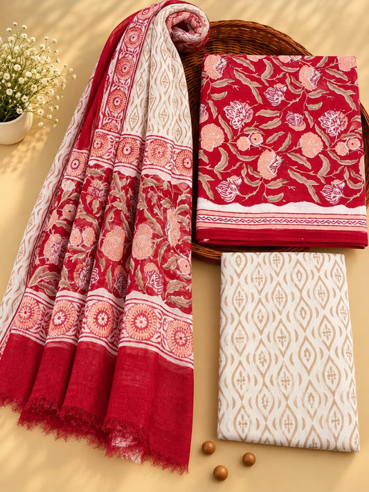 Red & White Floral Jaal Unstitched Cotton Suit Set with Chiffon Dupatta