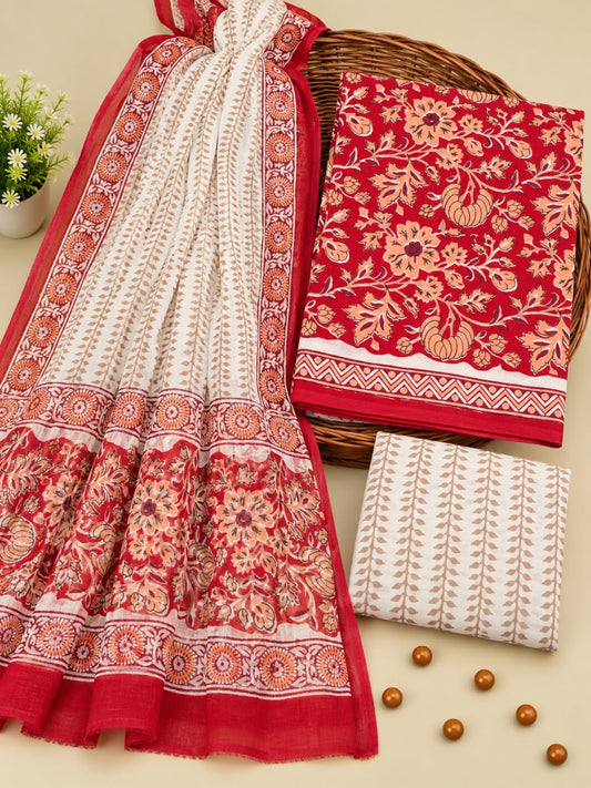 Red & White Floral Jaal Unstitched Cotton Suit Set with Chiffon Dupatta