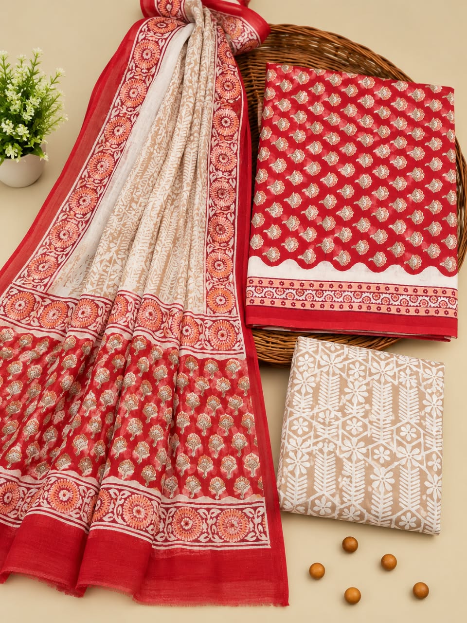 Red & Beige Floral Booti Unstitched Cotton Suit Set with Chiffon Dupatta