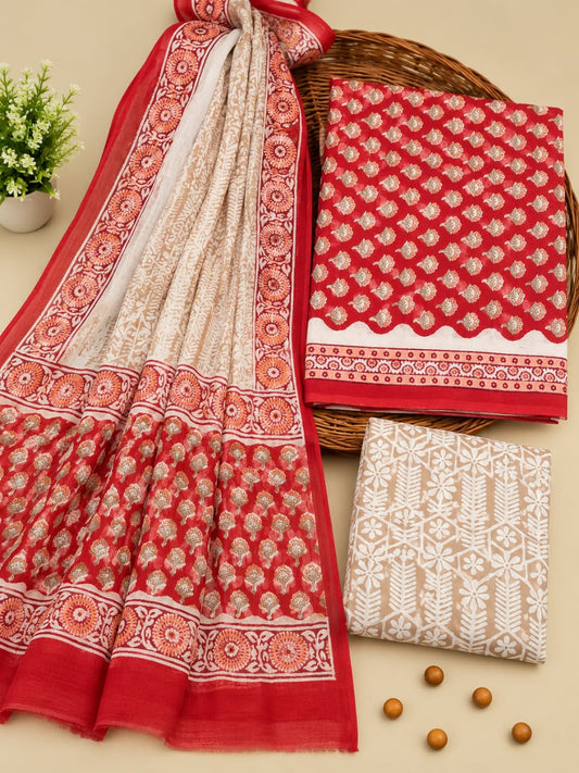 Red & Beige Floral Booti Unstitched Cotton Suit Set with Chiffon Dupatta