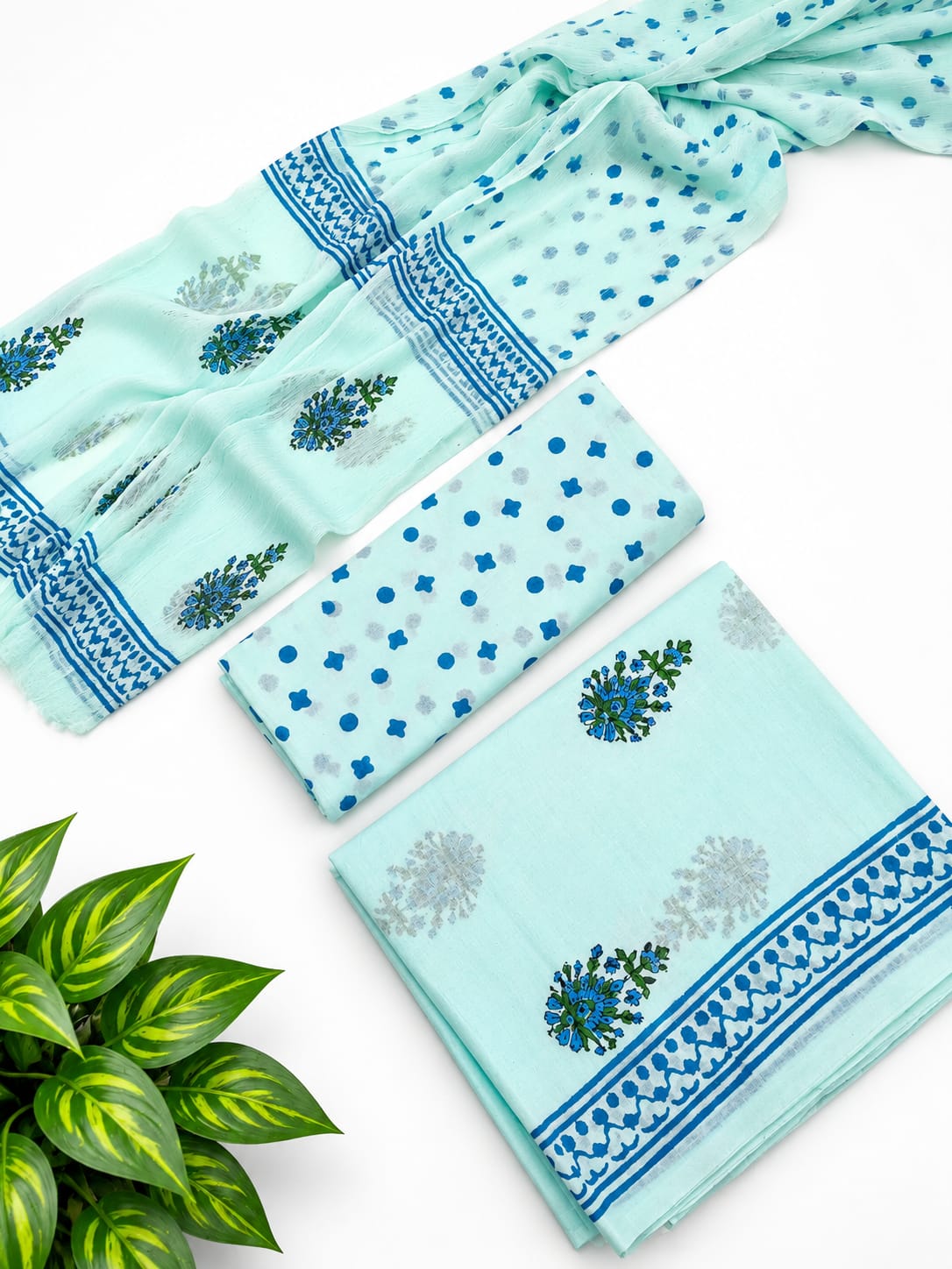 Sage Green Floral Booti Cotton Suit Set with Chiffon Dupatta