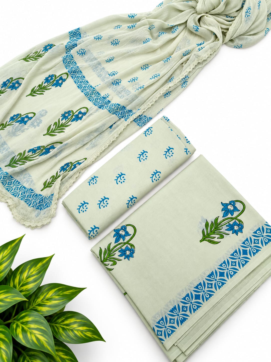 Sage Green Floral Cotton Suit Set with Chiffon Dupatta