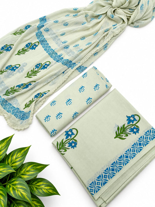 Sage Green Floral Cotton Suit Set with Chiffon Dupatta