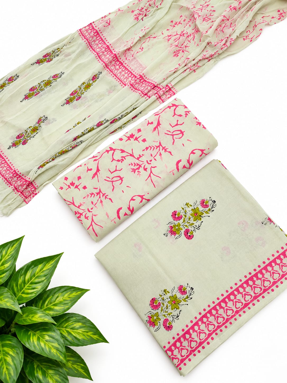 Sage Green Floral Cotton Suit Set with Chiffon Dupatta