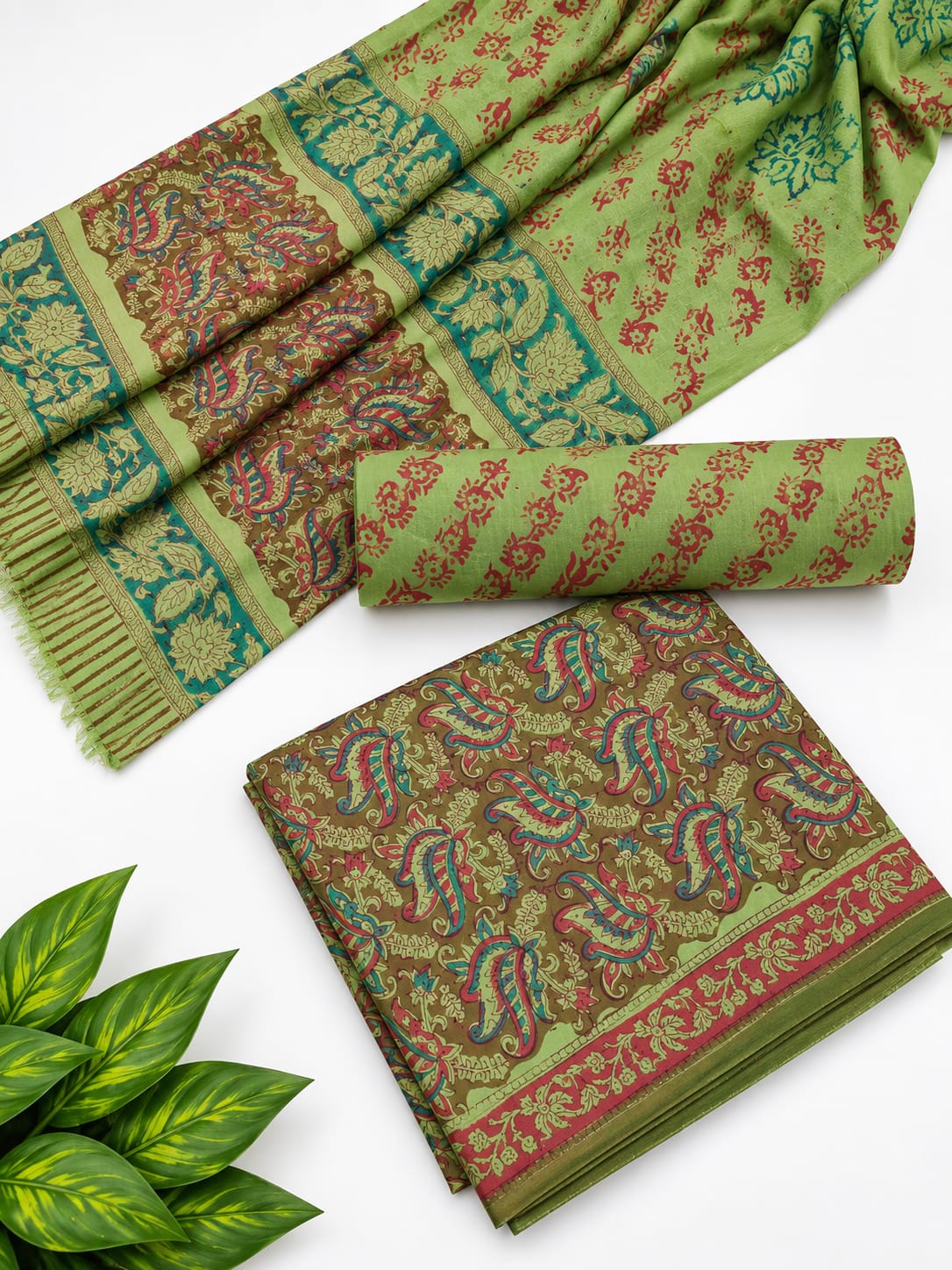 Sage Green Paisley Cotton Suit Set with Chiffon Dupatta