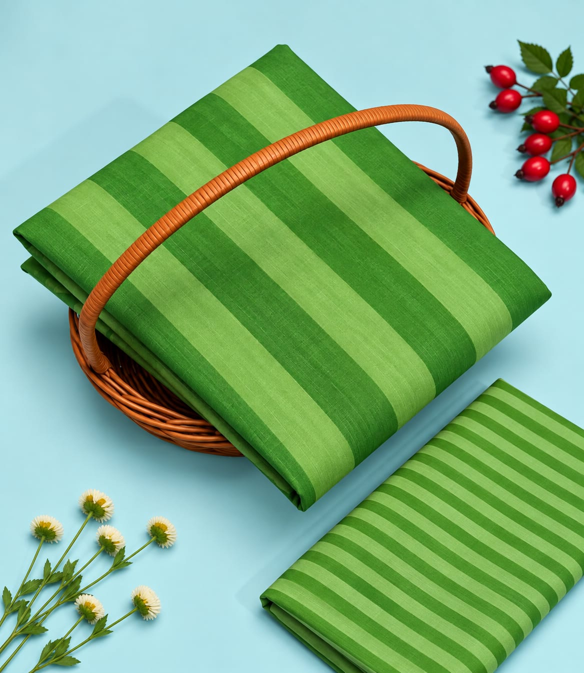 Sage Green Striped Pure Cotton Unstitched Kurta Pant Fabric Set