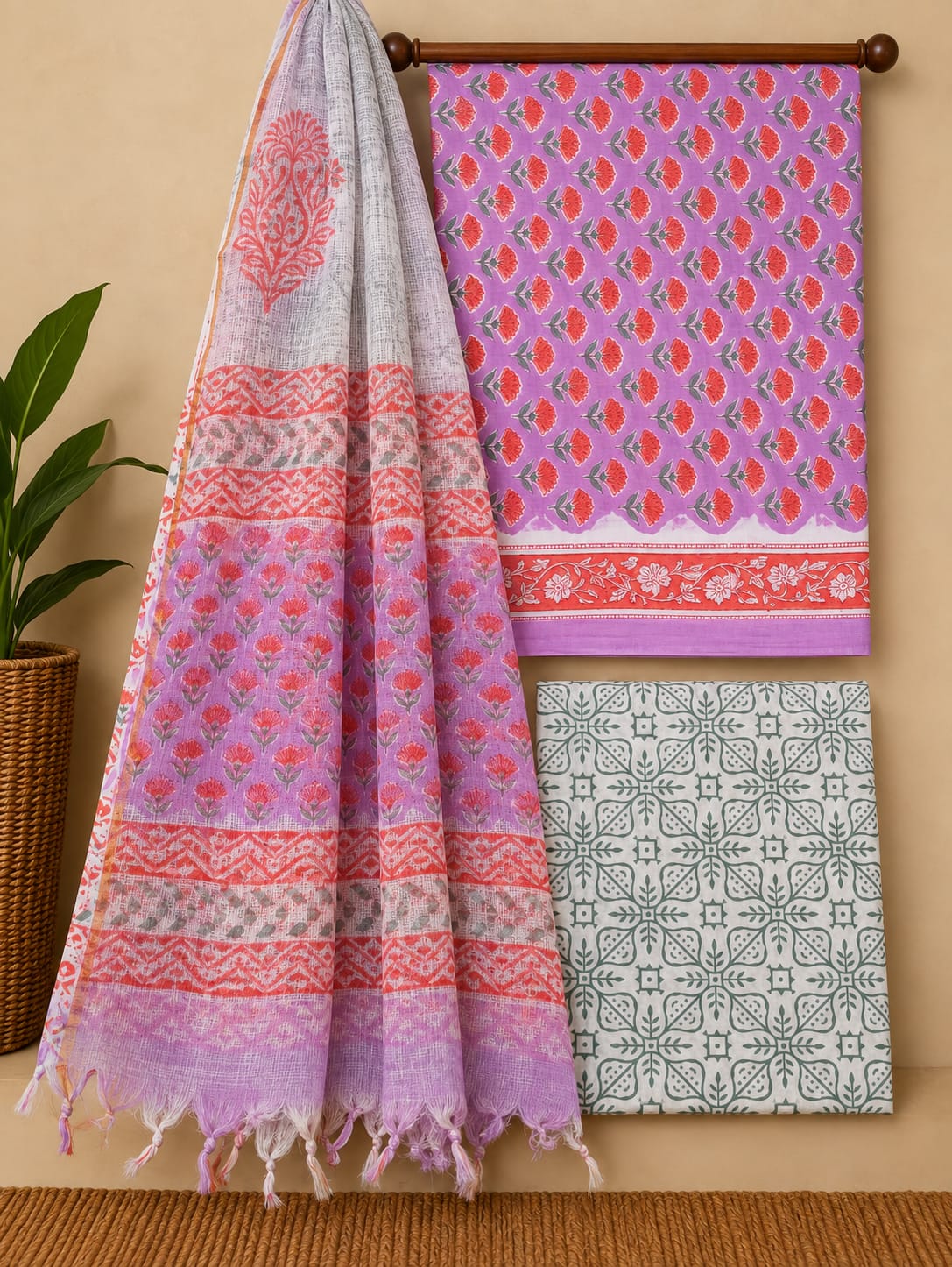 Lavender Floral Cotton Suit Set with Kota Doria Dupatta