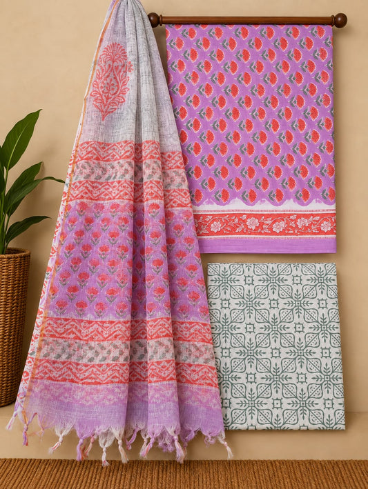 Lavender Floral Cotton Suit Set with Kota Doria Dupatta