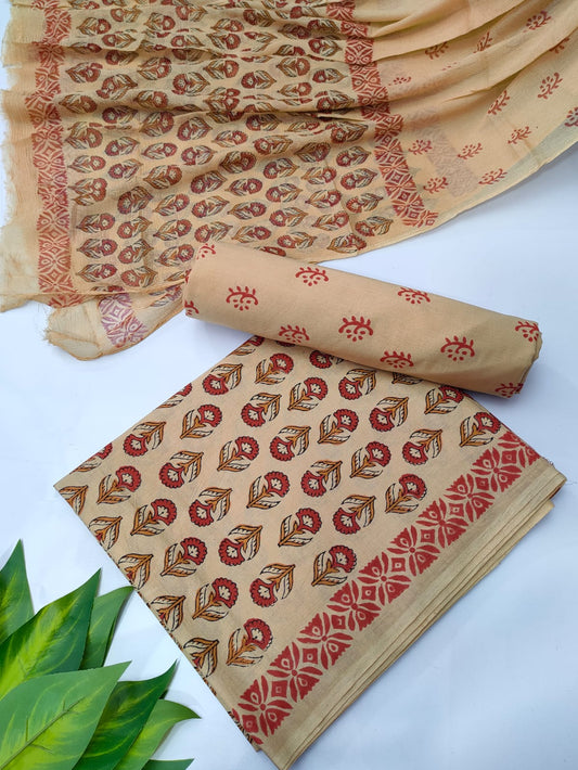 Hand Block Cotton Salwar Suit Set with Chiffon Dupatta  - TSPSCFVJA19