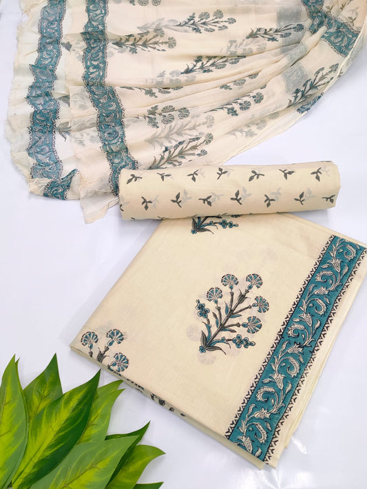 Hand Block Cotton Salwar Suit Set with Chiffon Dupatta  - TSPSCFVJA55