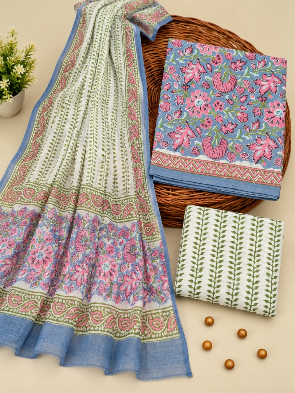 Blue & Pink Floral Jaal Unstitched Cotton Suit Set with Chiffon Dupatta