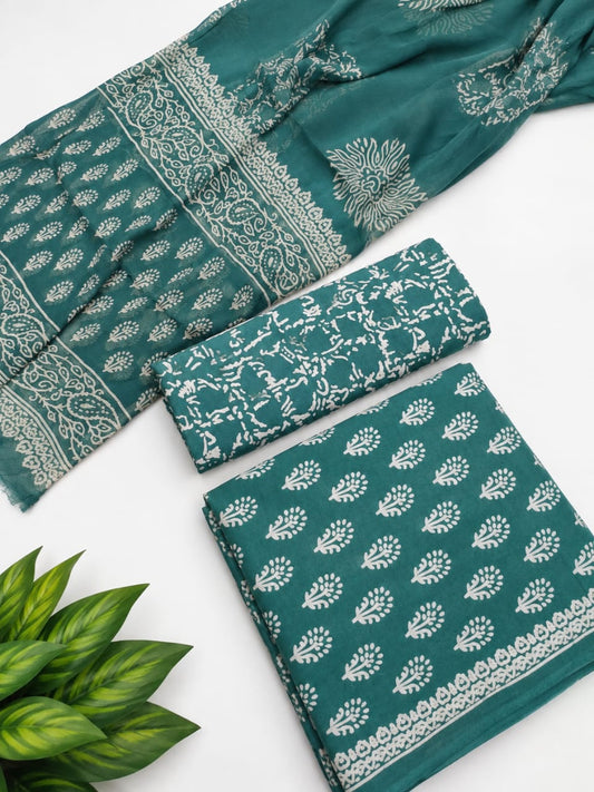 Teal Floral Booti Cotton Suit Set with Chiffon Dupatta