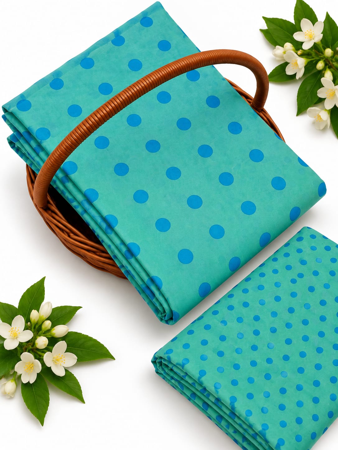 Teal Polka Dot Pure Cotton Unstitched Kurta Pant Fabric Set