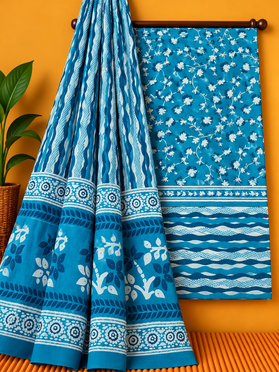 Teal Floral Booti Unstitched Cotton Screen Print Salwar Suit Set with Mul Cotton Dupatta
