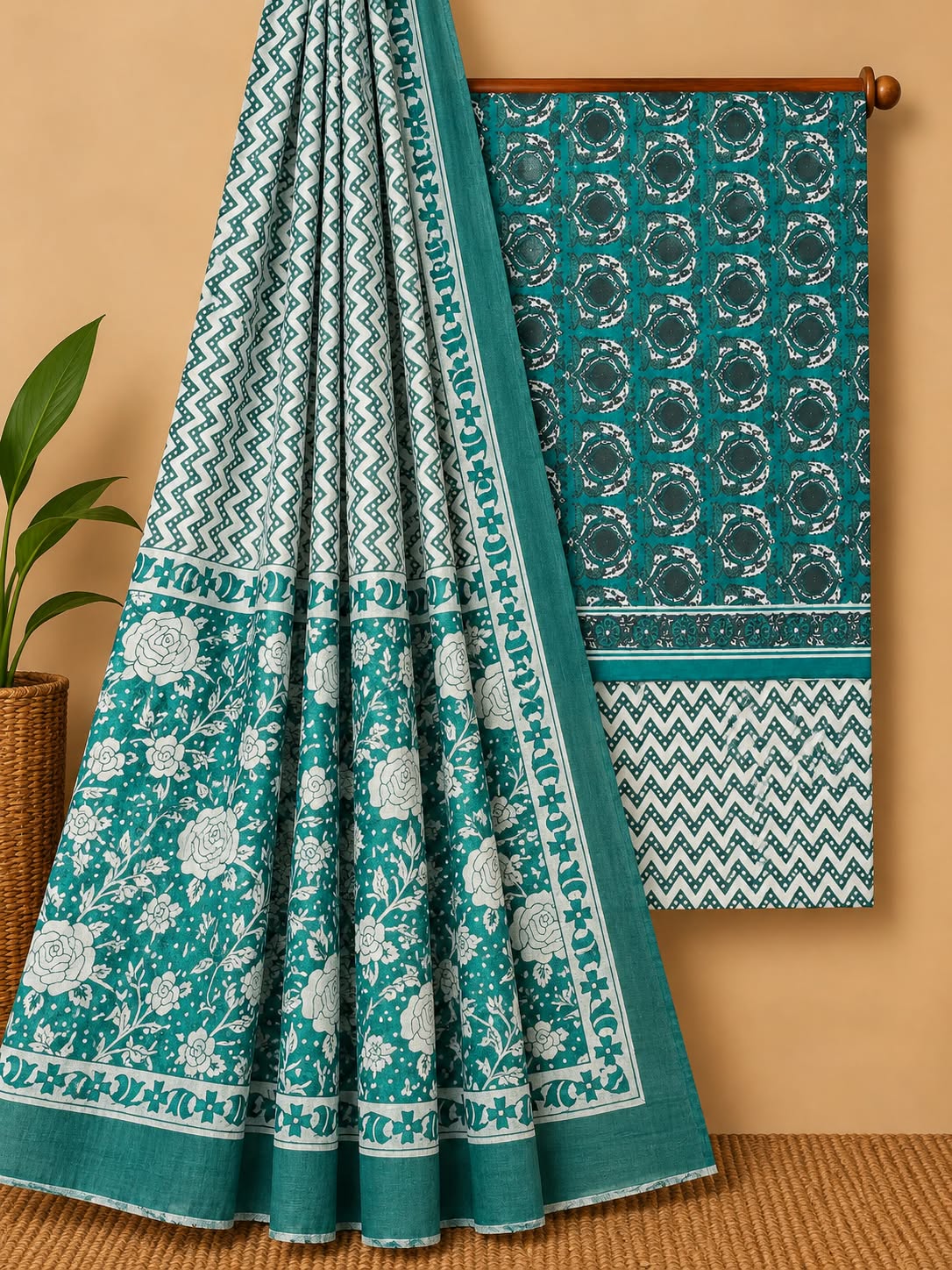 Teal Floral Booti Unstitched Cotton Screen Print Salwar Suit Set with Mul Cotton Dupatta