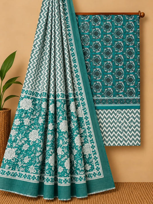 Teal Floral Booti Unstitched Cotton Screen Print Salwar Suit Set with Mul Cotton Dupatta