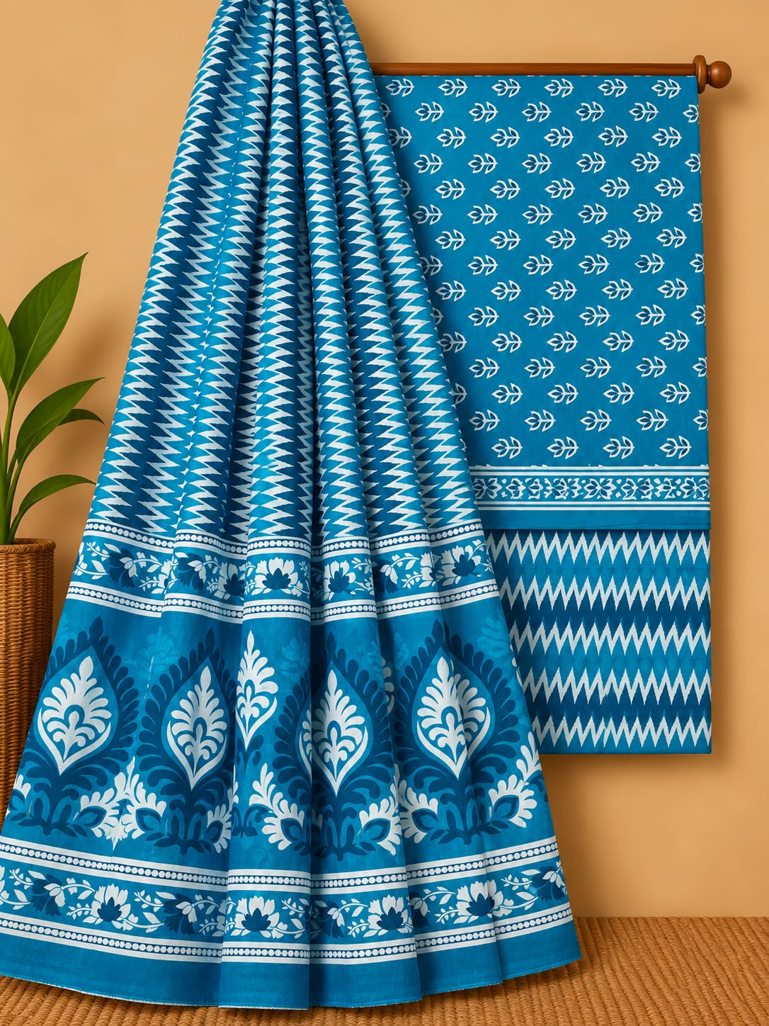Teal Floral Booti Unstitched Cotton Screen Print Salwar Suit Set with Mul Cotton Dupatta