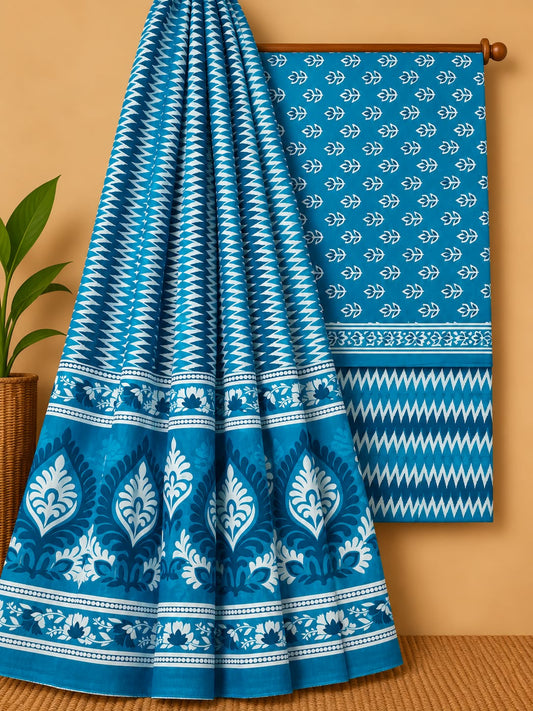 Teal Floral Booti Unstitched Cotton Screen Print Salwar Suit Set with Mul Cotton Dupatta