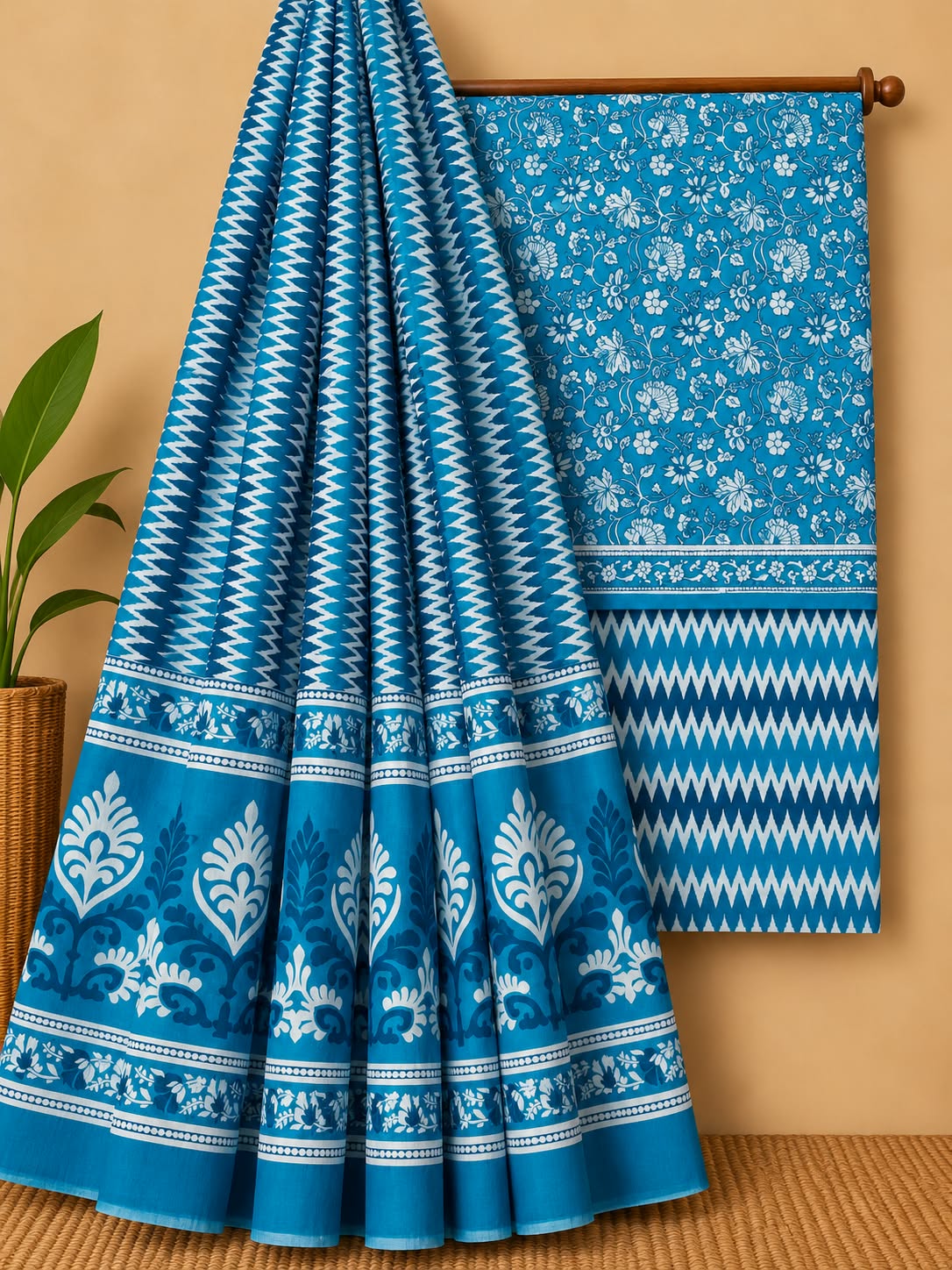 Teal Floral Jaal Unstitched Cotton Screen Print Salwar Suit Set with Mul Cotton Dupatta