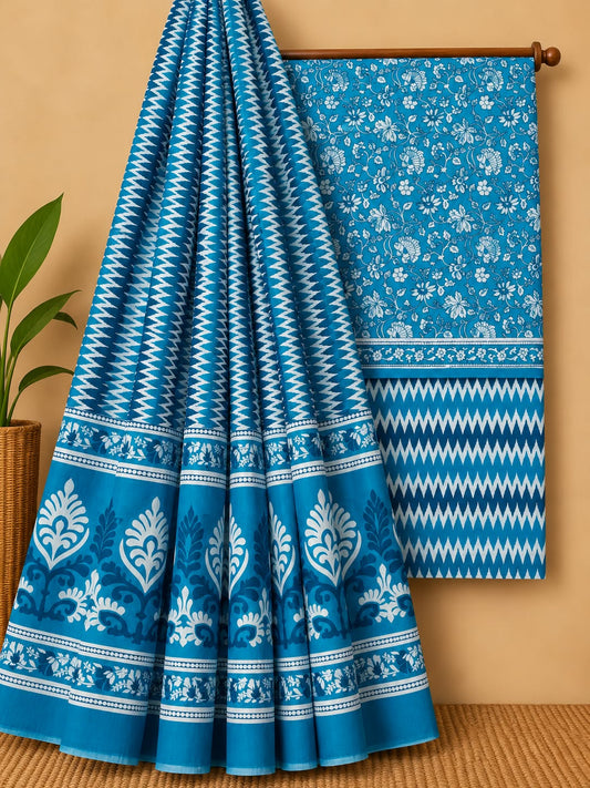 Teal Floral Jaal Unstitched Cotton Screen Print Salwar Suit Set with Mul Cotton Dupatta