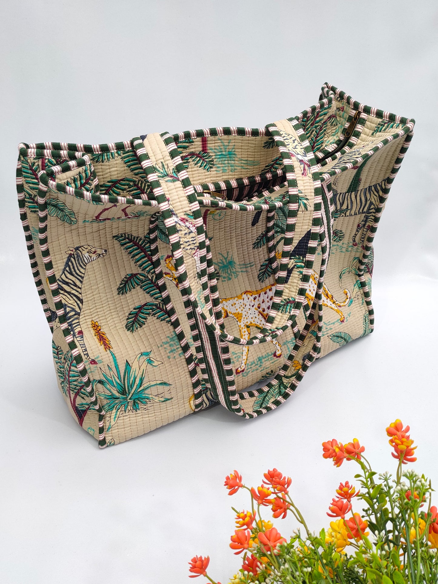 Quilted Tote Bag with zipper - 17x18x 6 inches