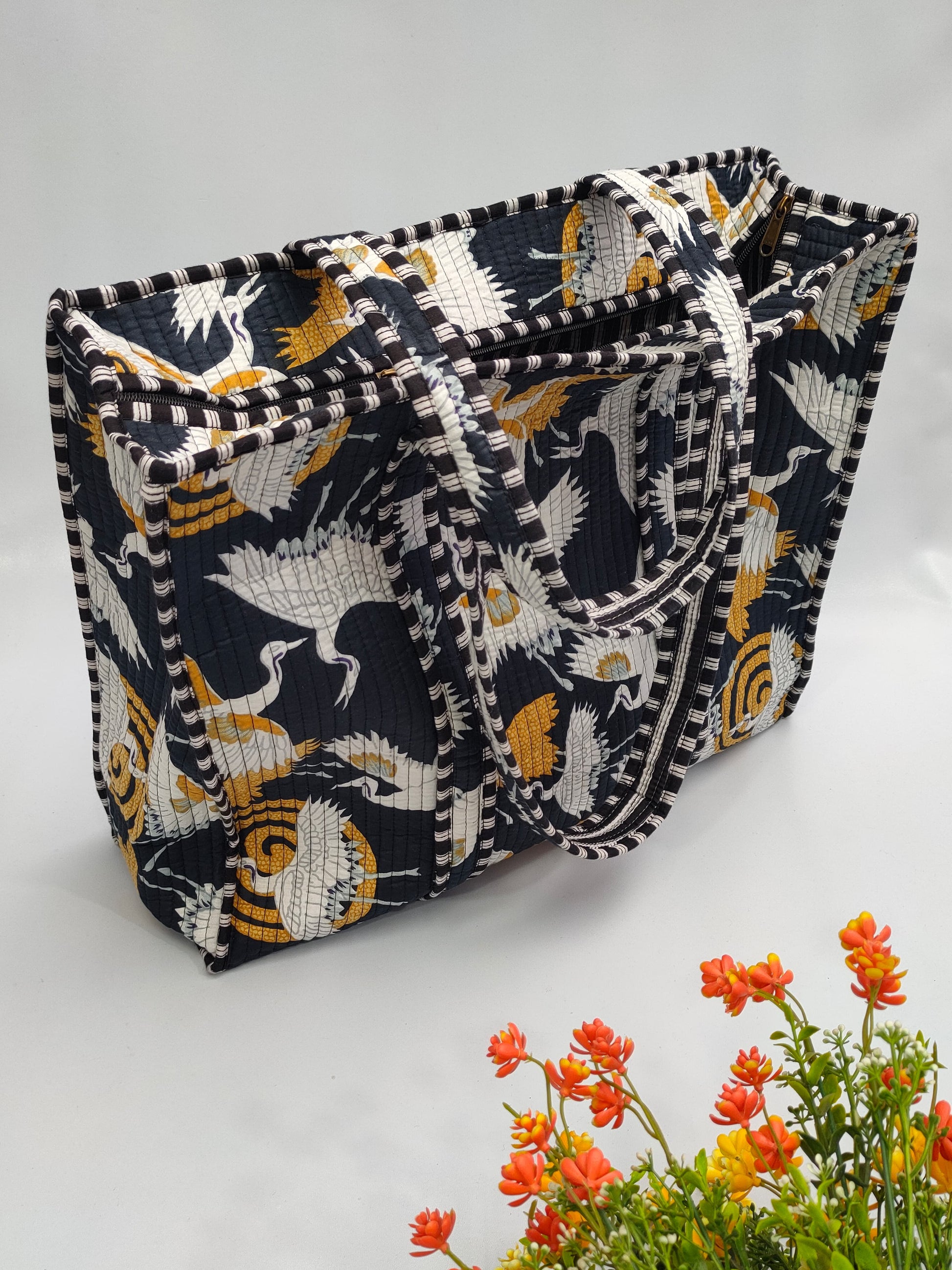 Quilted Tote Bag with zipper - 17x18x 6 inches