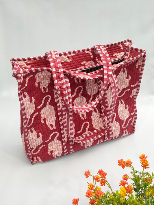 Quilted Tote Bag with zipper - 17x18x 6 inches