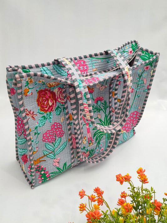 Quilted Tote Bag with zipper - 17x18x 6 inches