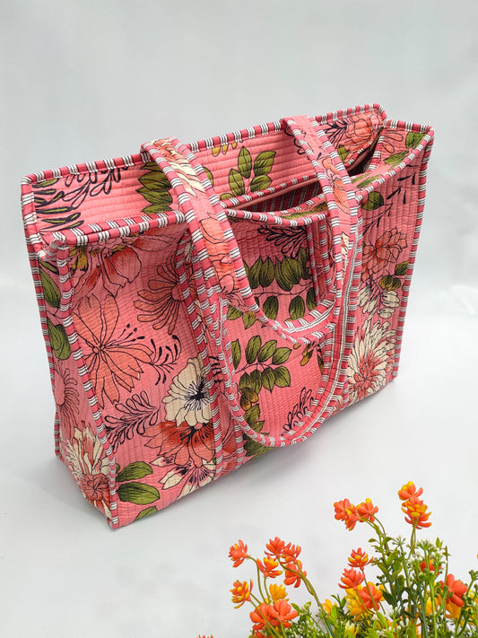 Quilted Tote Bag with zipper - 17x18x 6 inches