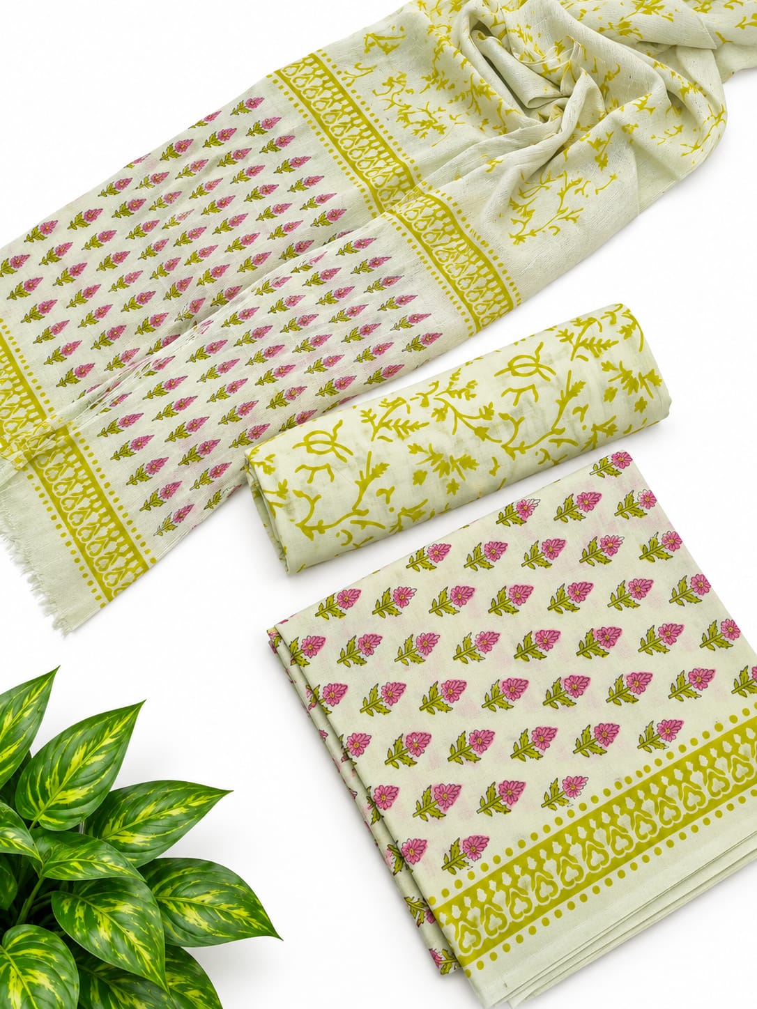 Yellow Floral Booti Cotton Suit Set with Chiffon Dupatta