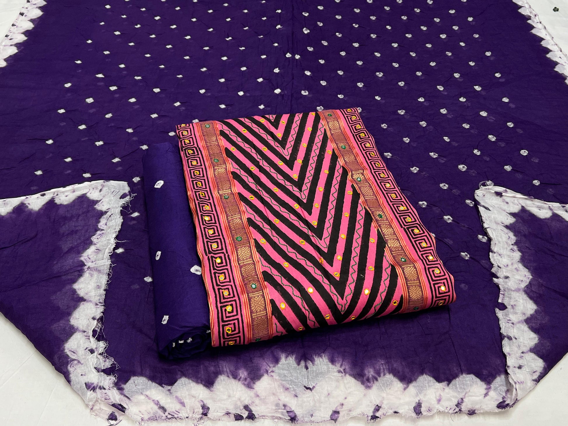 Hand Work Bandhani Cotton Suit Set with Cotton Dupatta