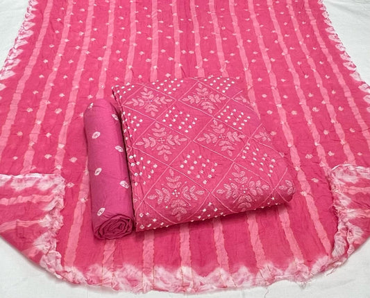 Embroidered Bandhani Cotton Suit Set with Cotton Dupatta