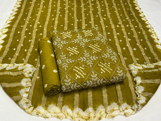 Embroidered Bandhani Cotton Suit Set with Cotton Dupatta