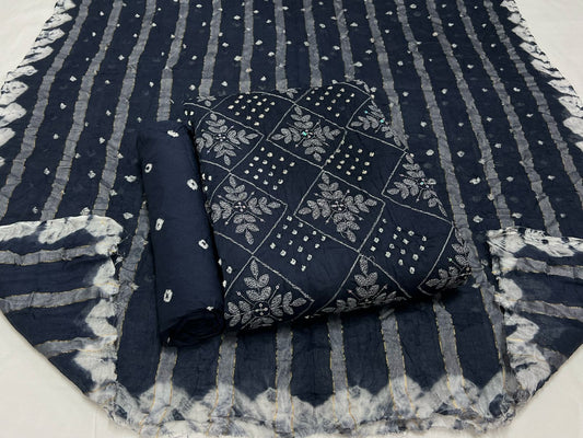 Embroidered Bandhani Cotton Suit Set with Cotton Dupatta