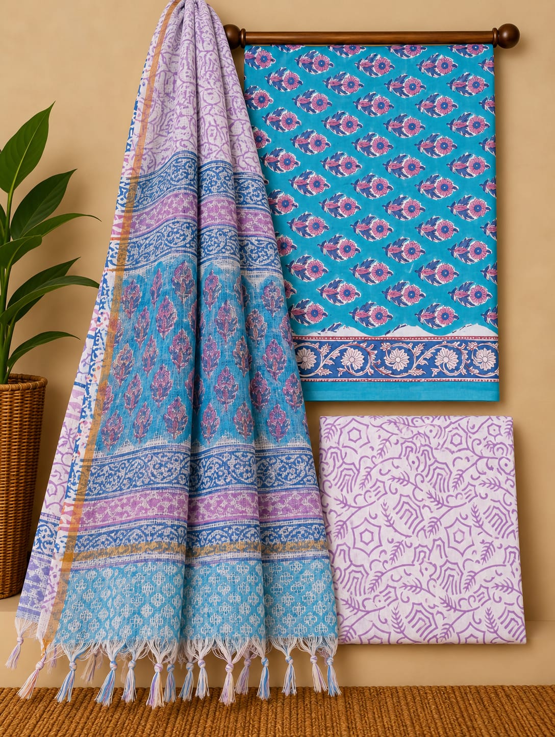 Blue Floral Booti Cotton Suit Set with Kota Doria Dupatta