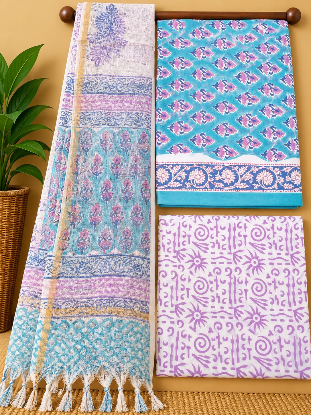 Blue Floral Booti Cotton Suit Set with Kota Doria Dupatta
