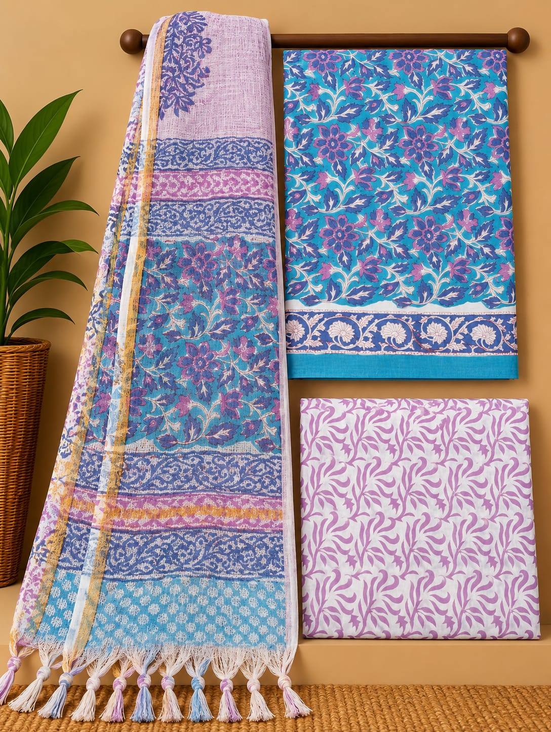 Blue Floral Jaal Cotton Suit Set with Kota Doria Dupatta