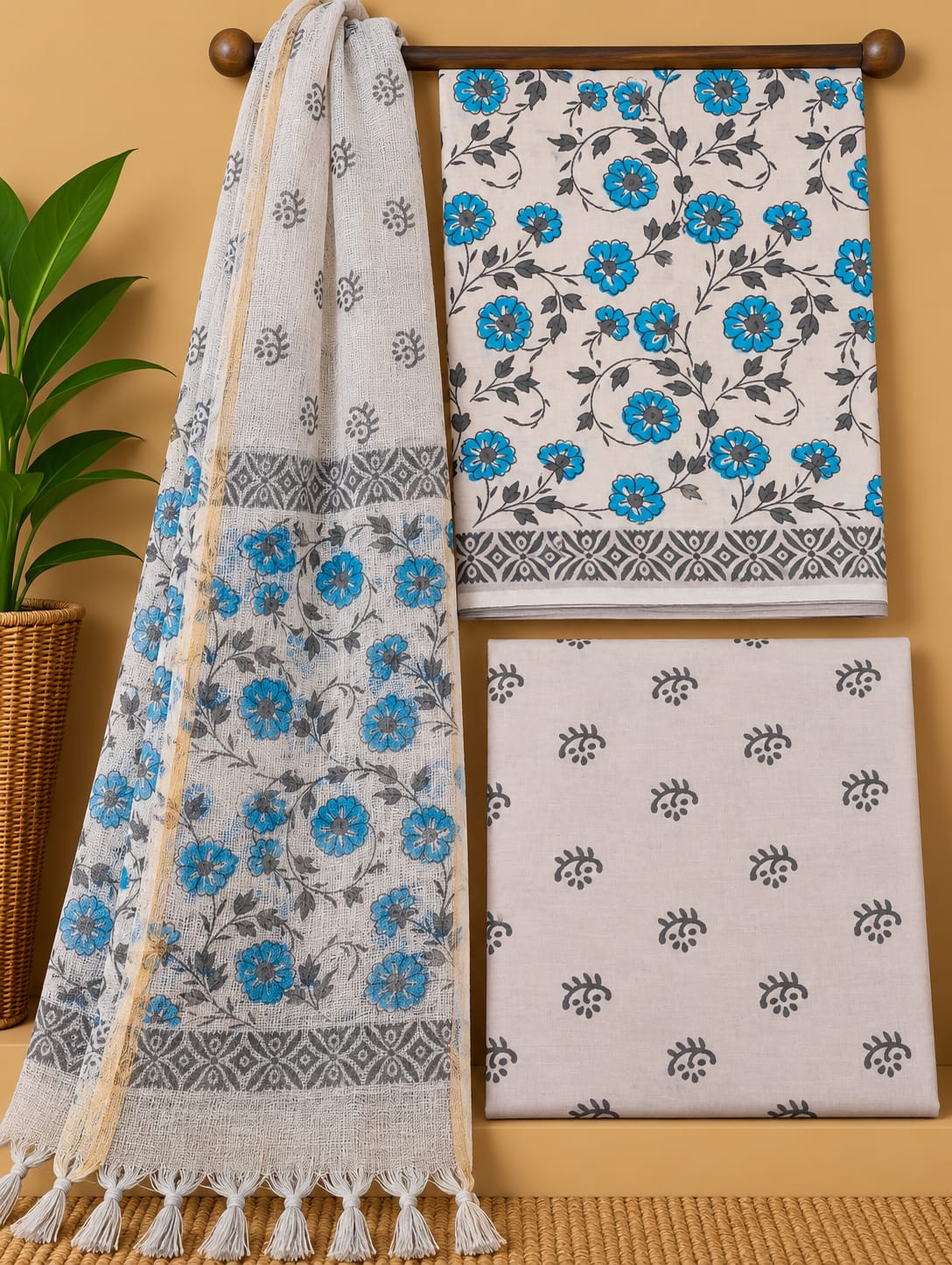 Blue Floral Jaal Cotton Suit Set with Kota Doria Dupatta