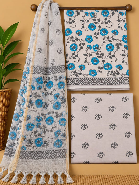 Blue Floral Jaal Cotton Suit Set with Kota Doria Dupatta