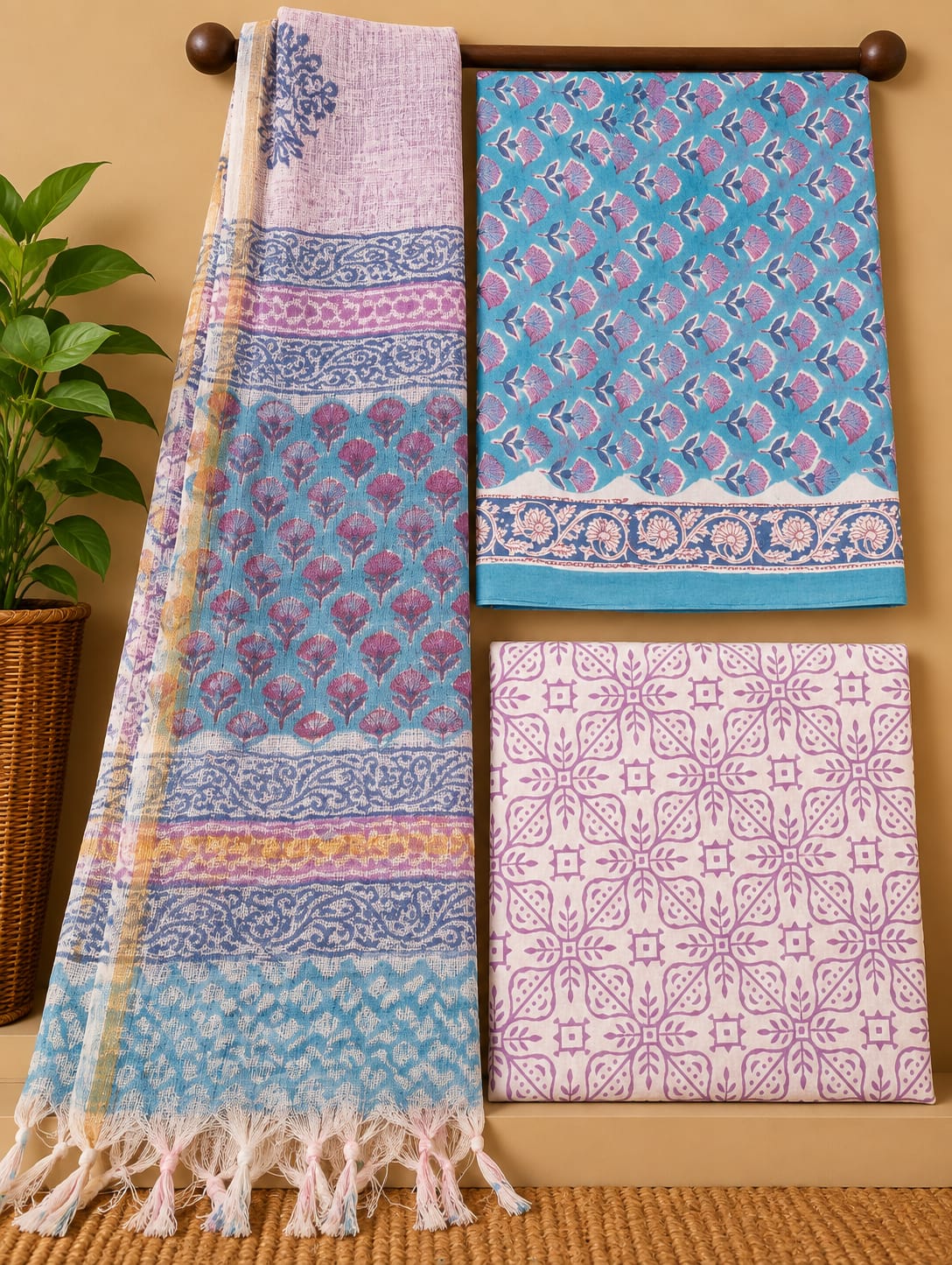 Blue Floral Cotton Suit Set with Kota Doria Dupatta