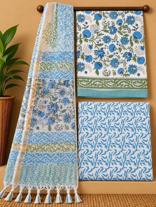 Blue Floral Cotton Suit Set with Kota Doria Dupatta