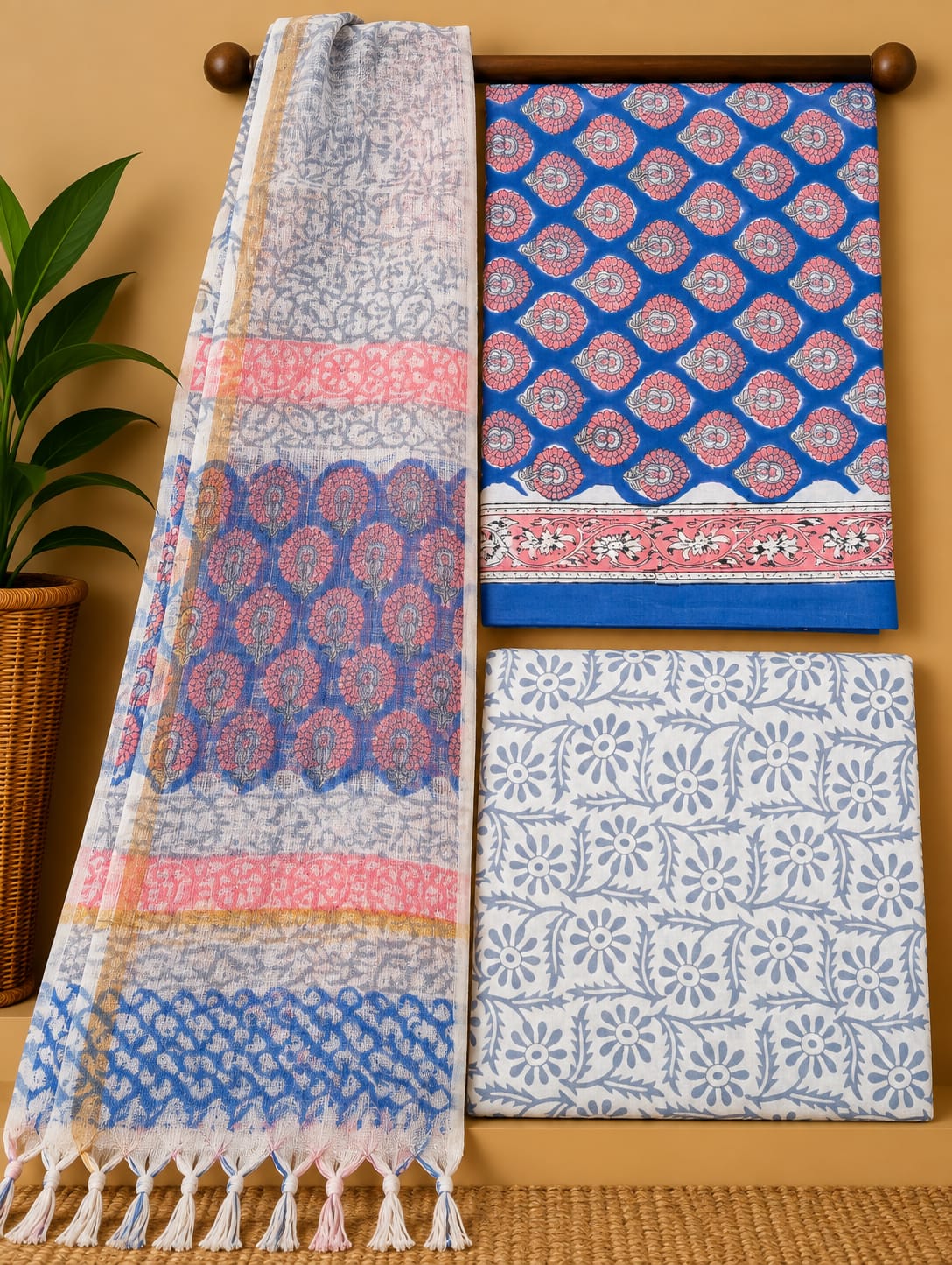 Blue Floral Cotton Suit Set with Kota Doria Dupatta