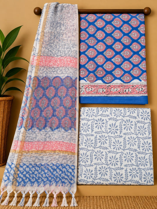 Blue Floral Cotton Suit Set with Kota Doria Dupatta